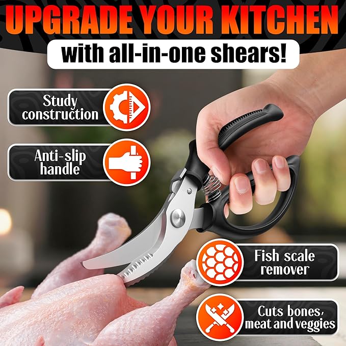 Turkey Shears - Chicken Shears – Stainless Steel Heavy Duty Poultry Scissors | Meat, Vegetables, Seafood | Fish Scale Remover & Bone Scissors | Non-Slip Serrated Saw-Like Edge, Safety Lock