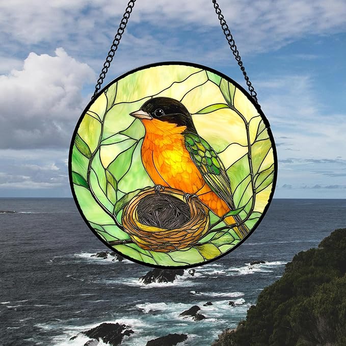 Stained Glass Window Hanging 4 Pcs Set Bird Theme On Branch 7.8" - Cardinal Suncatcher Door Garden Sun Catcher Decor Birthday Christmas for Mom Woman Nana Men