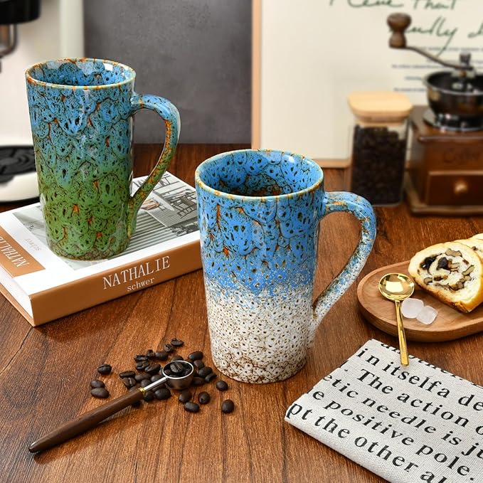 20oz Porcelain Coffee Mugs Set of 2, Large Tall Coffee Mugs with Handles, Modern Ceramic Coffee Cups for Coffee, Tea, Cocoa, Milk, Gifts for Women Men - White & Blue