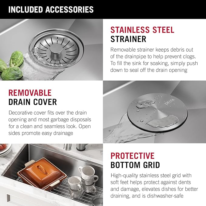 DELTA FAUCET 95B932-32S-SS Lorelai Workstation Kitchen Sink Undermount Stainless Steel Single Bowl with WorkFlow Ledge and Chef’s Kit of 6 Accessories
