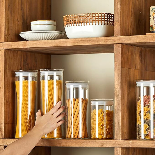ZENS Glass Spaghetti Pasta Storage Container with Lids Set of 2, 65oz Tall Clear Airtight Food Storage Jar Canisters for Kitchen Pantry Noodles Flour Cereal Coffee Beans