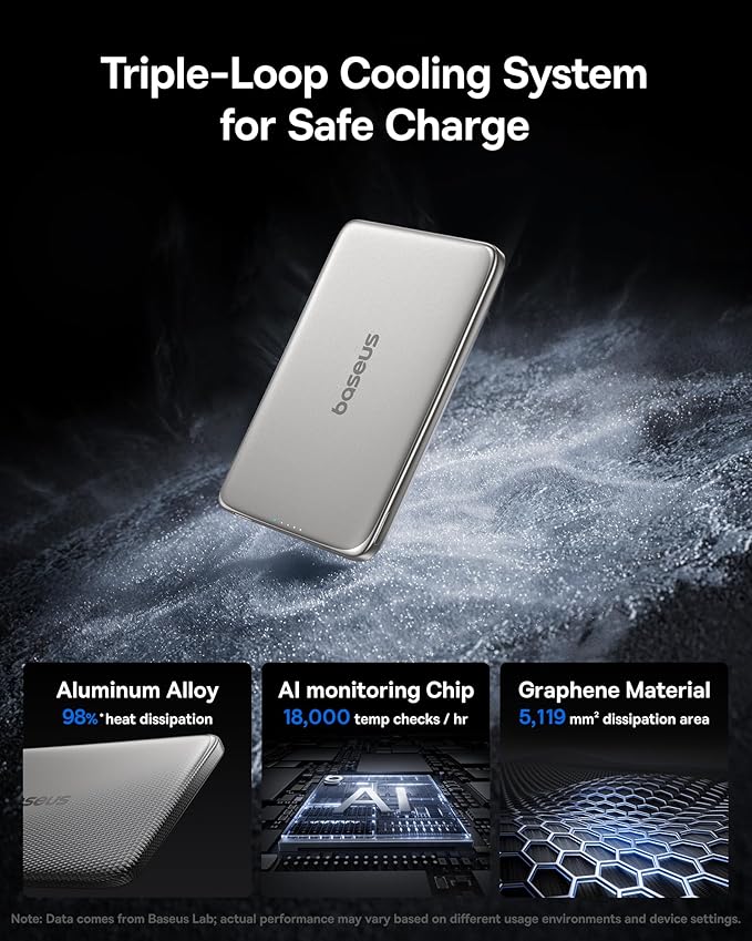 Baseus Picogo Power Bank, 0.3" Ultra Slim 5000mAh MagSafe Battery Pack, Upgraded Polished Alloy Magnetic Portable Charger, Wireless Charger with USB-C Cable for iPhone 17 Pro Max/17 Air/16/15/14/13/12