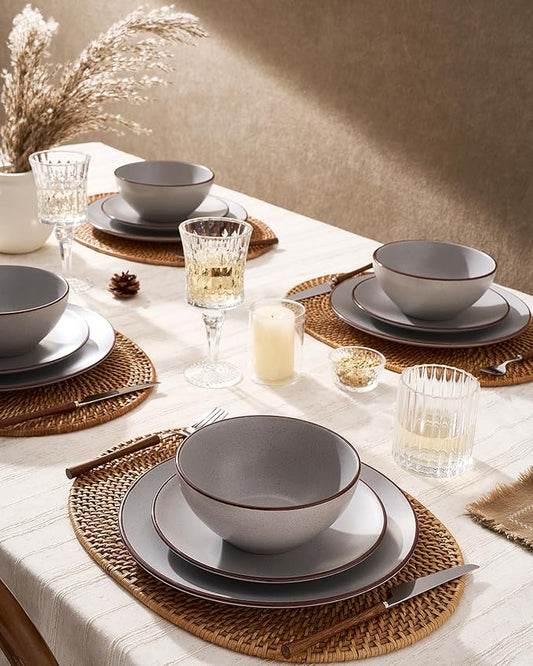 Famiware Venus Plates and Bowls Sets, 18 Pieces Stoneware Dinnerware Sets, Speckled Dishes Set for 6, Microwave and Dishwasher Safe, Matte Light Grey