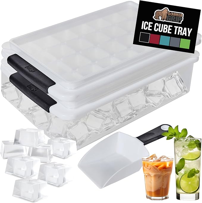 GORILLA GRIP BPA-Free Easy Release Stackable Ice Cube Tray for Freezer, Set Makes 56 Cubes for Cocktails, Coffee, Bucket Kit Includes 2 Leakproof Trays with Lid and Scooper, Holiday Hosting, Black