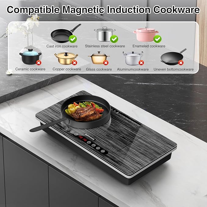 Double Induction Cooktop, 1800W Portable Electric Stove, 18 Inch Sensor Touch Electric Cooker Hot Plate, 5.91" Heating Coil, Child Lock, 8 Power Levels, 110v Outlet Plug with Glass Surface
