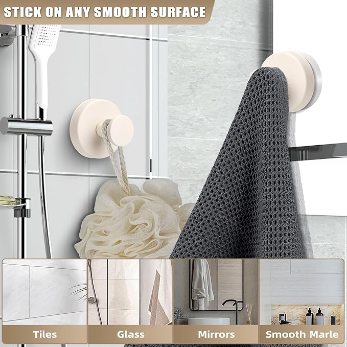 Suction Cup Hooks for Shower No-Drill Bathroom Hooks for Towels, Robes, Loofah Mountable on Bathroom Walls, Kitchen, Glass, Mirrors, Tile and Smooth,Non-Porous Surfaces (2, Milk White)