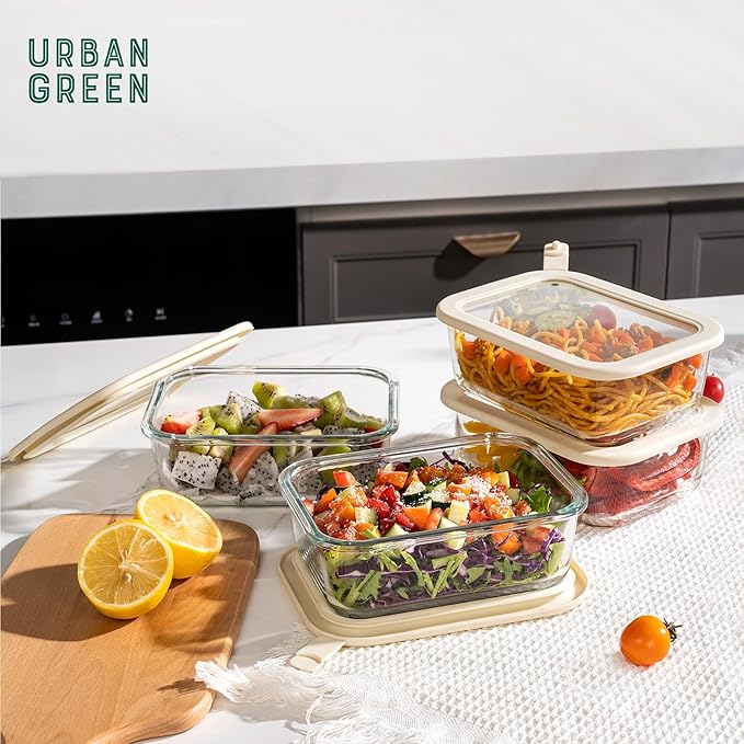 Urban Green Glass Food Storage Containers with Glass Lids, Microwave Safe Food Container Set, Aitight Meal Prep Container Set, BPA Free Colander, LeakProof, 2 Pack