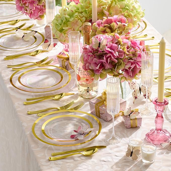 By Madee HEAVYWEIGHT Clear Plastic Plates With Gold Trim | Nice Disposable Plates and Cutlery Set | Includes Gift of Dazzling 3D butterflies for table Decor | 150mPcs for 25 Guests