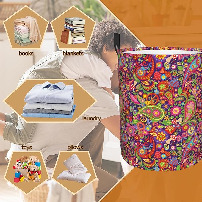 Boho Hippie Flowers Laundry Basket,Vivid Peace Foldable Laundry Hamper Waterproof Oxford Cloth Tote Bag,Clothes Storage Bucket Decorative Toy Organizer For Bathroom Bedroom 16" x 20"