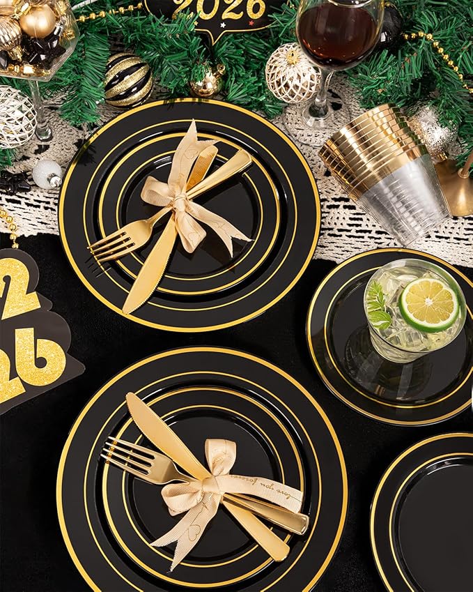 bUCLA 300PCS Black and Gold Disposable Dinnerware Set - 50 Guests Black Plastic Plates with Gold Rim Include 50 Dinner / 50 Dessert Plates, 50 Forks,50 Knives,50 Spoons&50 Cups for Party&New Year