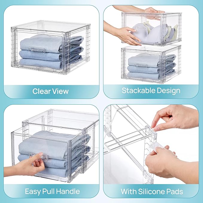 Vtopmart 9 Pack 18QT Clear Stackable Storage Drawers,Easily Assemble Closet Organizers,Plastic Storage Bins for Bathroom,Cabinet,Kitchen Pantry,Under Sink Organization(Medium)