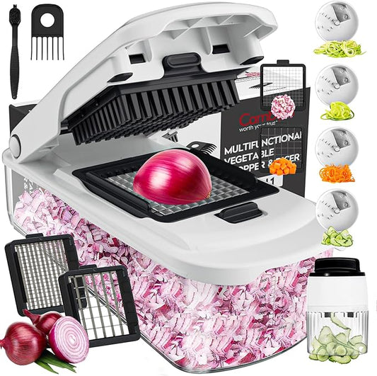 Cambom Vegetable Chopper With Container, Multifunctional Food Chopper Onion & Vegetable Cutter Dicer With 8 Blades, Carrot & Veggie Slicer Spiralizer 6 Blades