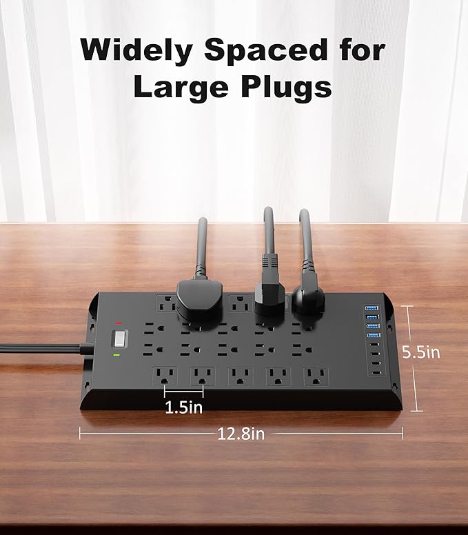 Surge Protector Power Strip 4800J, LeZone 10Ft Long Extension Cord Flat Plug, 20 Outlets 4 USB-A 4 USB-C Ports, Wall Mountable, Home Office Dorm Essentials, Black