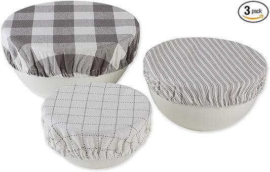 DII Reusable Cloth Bowl Cover Collection Machine Washable, Cotton with Elastic Stretch for Food Storage, 10.25"/8.25"/7.5" Diameter, Farmhouse Plaid, Gray, 3 Piece
