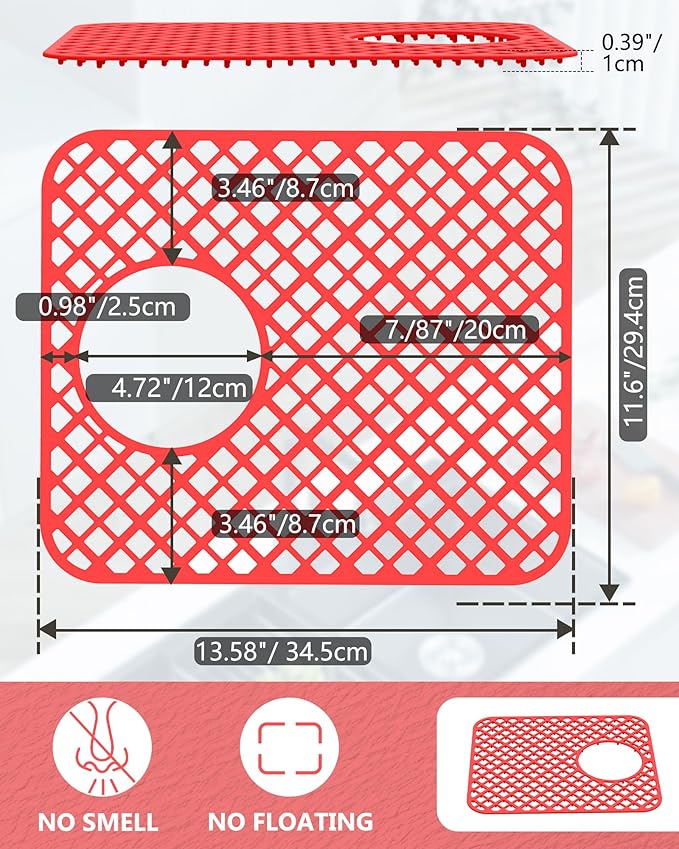 2 Pack Silicone Sink Protectors for Kitchen Sink, Lozenge Pattern 13 x 11 Inches Sink Mat, Non-Slip and Durable Sink Protector Silicone, Rear Drain, Red