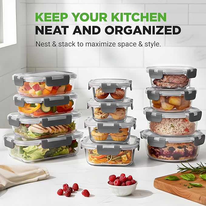 NutriChef Superior Glass Food Storage Containers - 24-Piece Stackable Glass Meal-prep Containers w/Newly Innovated Hinged BPA-Free 100% Leakproof Locking Lids - Freezer-to-Oven-Safe NCGLGY (Gray)