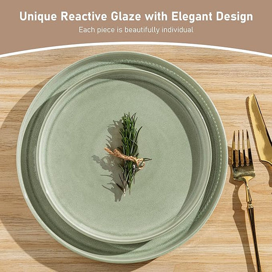 GBHOME Stoneware Dinnerware Sets for 6,Round Reactive Glaze Ceramic Plates and Bowls Set,Highly Scratch Resistant | Dishwasher & Microwave Safe Dishes Set,Service for 6(18Pcs)，Olive Green