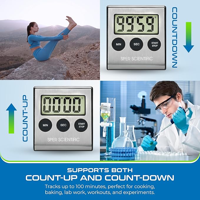 Sper Scientific Stainless Steel Digital Lab + Kitchen Timer 810028A – Compact Design Timer with Large Display & Loud Alarm - for Cooking, Baking, Labs, Workouts & More - 2 pc