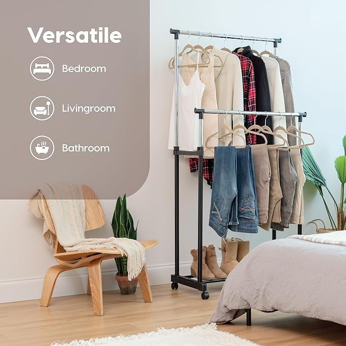 IRIS USA Clothes Rack, Portable Double-Rod Height Adjustable with Lockable Wheels, Rolling Garment Rack, Double Rod Wardrobe Rack, Easy Assemble, for Clothes, Belts, Shoes, and Bags