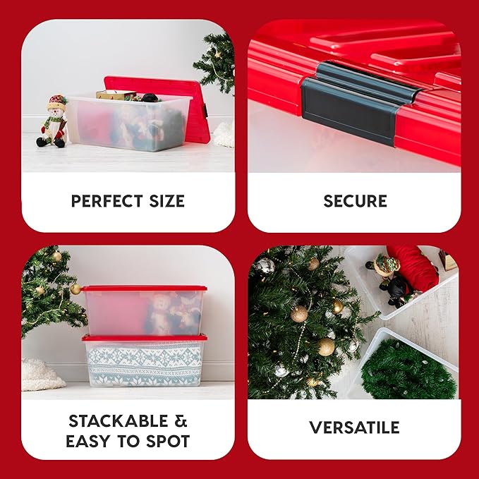 IRIS USA 91 Qt. Stackable Plastic Storage Bins with Lids, 4 Pack - BPA-Free, See-Through Organizing Solution, Latches, Durable Nestable Containers, Secure Pull Handle, Made in USA - Red