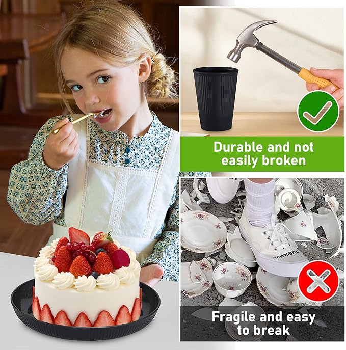 Wheat Straw Dinnerware Sets, Kitchen Unbreakable Wheat Straw Plates and Bowls Sets for College Dorm Apartment Reusable Black 12pcs