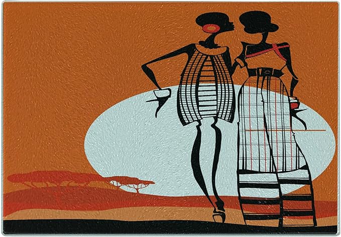 Ambesonne African Cutting Board, Desert Sunset Scenery Women with Trees Picture, Decorative Tempered Glass Cutting and Serving Board, Small Size, White Orange Black