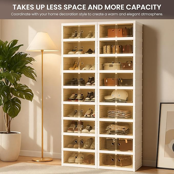 Foldable Shoe Organizer Storage Box, Portable Extra Large Folding Shoe Rack for Closet, Shoe Storage Box with Magnetic Transparent Door and Wheels, 9 Layers 18 Grids