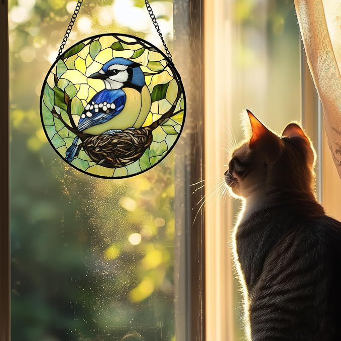 Stained Glass Window Hanging 4 Pcs Set Bird Theme On Branch Large 11.8" - Cardinal Suncatcher Door Garden Sun Catcher Decor Birthday Christmas for Mom Woman Nana Men
