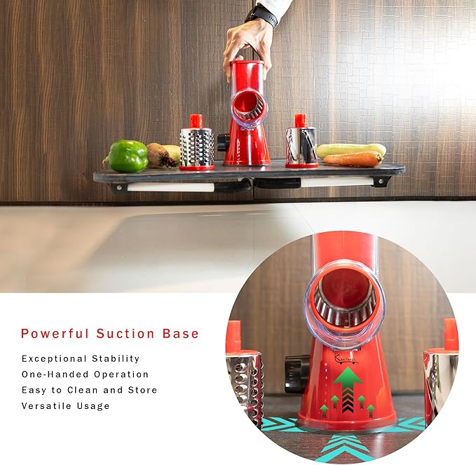 Rotary Cheese Grater Hand Crank with Handle - 3-in-1 Cheese Shredder - Easy to Clean Rotary Grater - Mandoline Vegetable Slicer - with Brush and Peeler - Black