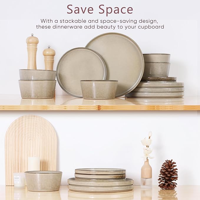 Herogo Stoneware Plates and Bowls Sets for 4, 12 Pieces Modern Dinnerware, Reactive Glaze Dishes Set for Kitchen, Chip Resistant, Microwave & Dishwasher Safe, Cream Khaki