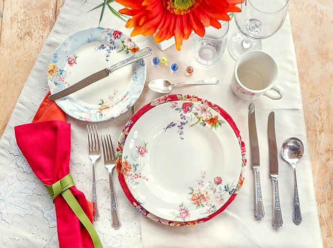 Tudor Royal Collection 30-Piece Porcelain Round Dinnerware Set, Service for 6, Crimson Design, Summer Flowers, Plates Bowls Mugs Dishes, Glossy, Premium Quality Tableware