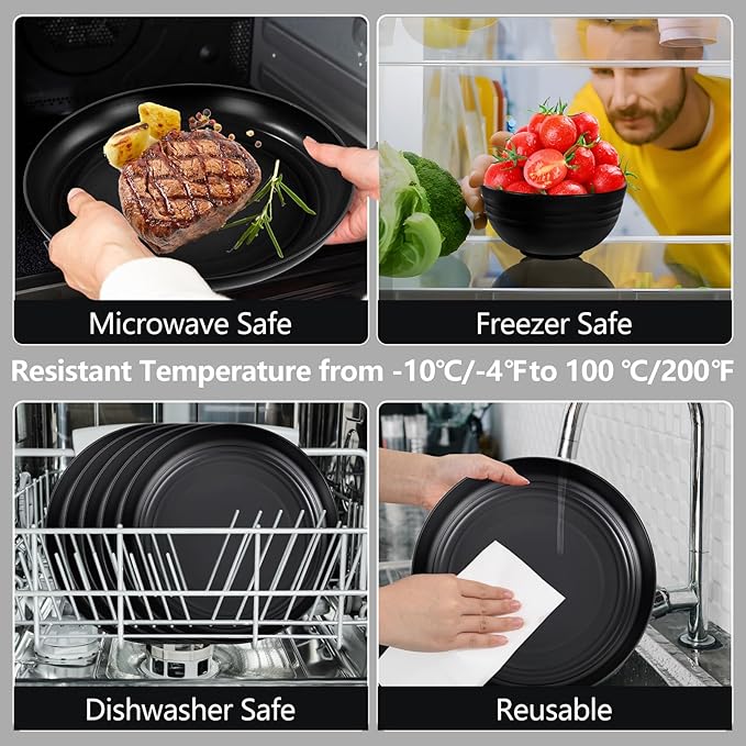 LIYH 24 Pcs Wheat Straw Dinnerware Sets Unbreakable Dinner Plates and Bowls Set Black Plastic Dinnerware Set Include 12Pcs Wheat Straw Plates 6Pcs Bowls 6Pcs Cups Dish Set for Kitchen&Camping
