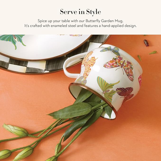 MACKENZIE-CHILDS Enamel Mug, Cute Enamelware Coffee and Tea Mug, Unique Drinkware, 16 Ounces, Butterfly Garden, Set of 1