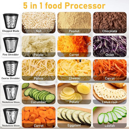 5 In 1 Professional Electric Cheese Grater, 150W Electric Cheese Shredder for Block Cheese Grater Shredder Salad Shooter for Cheeses, Shredded Carrots Cabbage and Nuts for Home Kitchen Use, BPA-Free