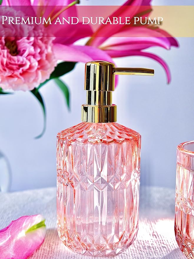 5pcs Clear Glass Bathroom Accessories Set, Crystal Pink Bathroom Decor Set, Soap Dispenser, Toothbrush Holder Set, Soap Dish, Tumbler, Qtips Holder, Modern Decor for Bathroom, Gift Set