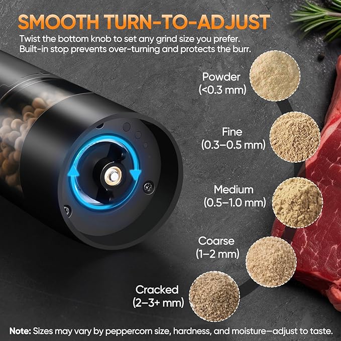 Hxro Electric Salt and Pepper Grinder Set, USB Rechargeable Kitchen Mills with Stand, Black and White, 40ml Capacity, One-Handed Operation, Adjustable Coarseness, 2-Pack