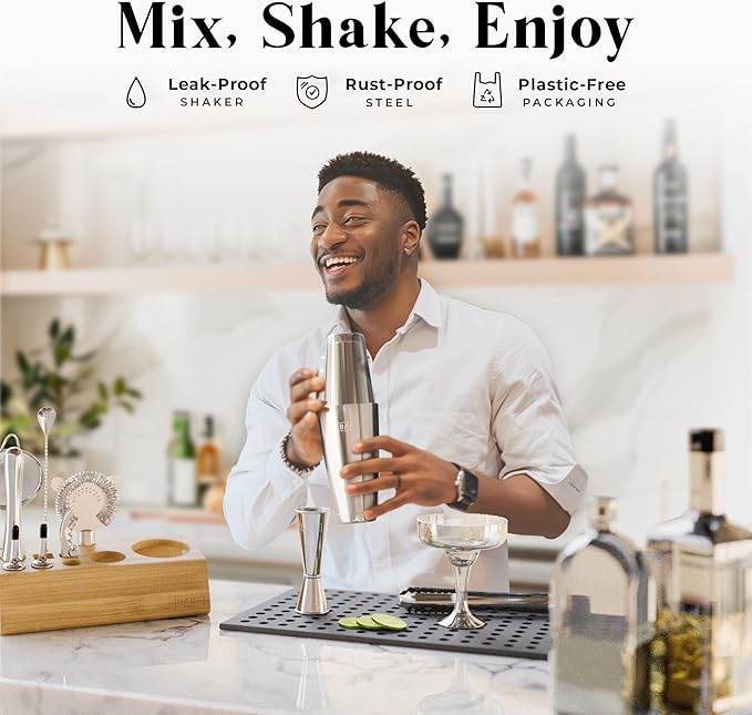 BARE BARREL® Mixology Bartender Kit Bar Set | 14-Piece Cocktail Shaker Set | Martini Barware Mixing Tools for Home Bartending | Incl. 35 Recipe Cards | Gift Set (28oz Boston Shaker, Silver/Natural)