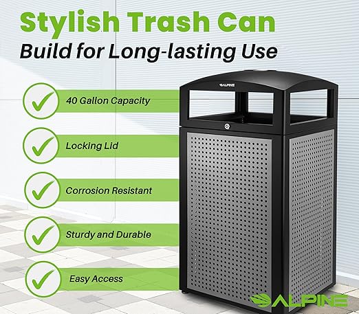 Alpine 40-Gallon Outdoor Commercial Trash Can with Ashtray & Locking Lid – Heavy-Duty Cigarette Disposal Bin with Removable Liner for Parks, Hotels & High-Traffic Outdoor Areas - Black & Grey