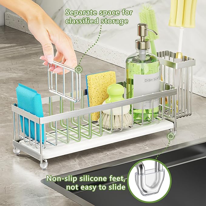 Cisily Extra Large Sink Caddy Organizer with Drying Stone, White Sponge Holder for Kitchen, Dish Brush Holder for Countertop, Kitchen Decor Storage and Essentials