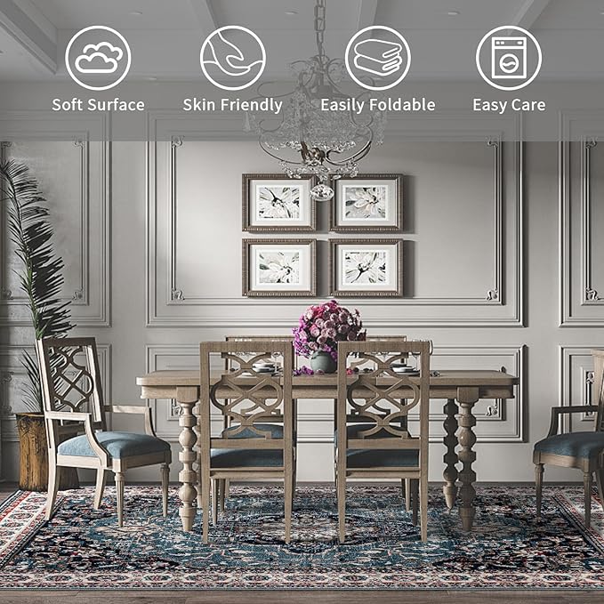 Easy-Going Large Area Rug 8x10 Medallion Distressed Washable Rugs for Living Room Non-Slip Bedroom Rug Low Pile Lightweight Vintage Retro Throw Rug for Dining Room Kitchen Office Carpet, Teal Brick