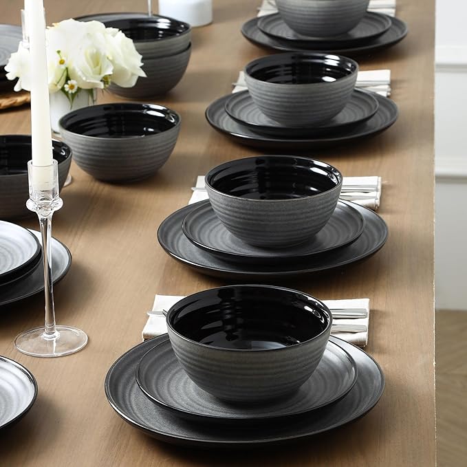 Stone Lain Dua 12-Piece Dinnerware - Stoneware, Plate and Bowls, Dishwasher and Microwave Safe, Dish Set for 4, Black