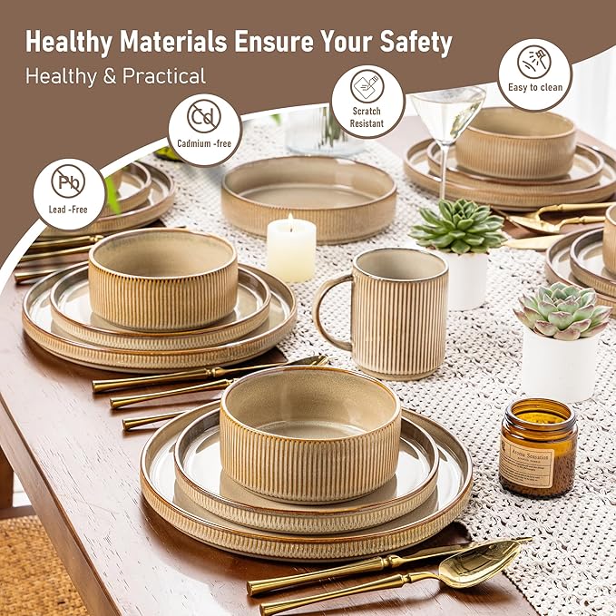 GBHOME Stoneware Dinnerware Sets for 4,Round Reactive Glaze Ceramic Plates and Bowls Set,Highly Scratch Resistant | Dishwasher & Microwave Safe Dishes Set,Service for 4(12Pcs),Barley Latte