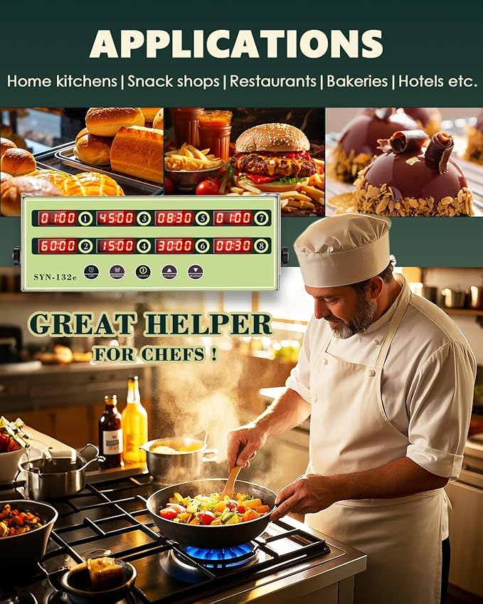 【2025 Upgrade】 8-Channel Kitchen Timer, Spolehli Commercial Multi Food Fryer Alarm Clock for Restaurant Cooking, Stainless Steel Digital Display (8 Channel)