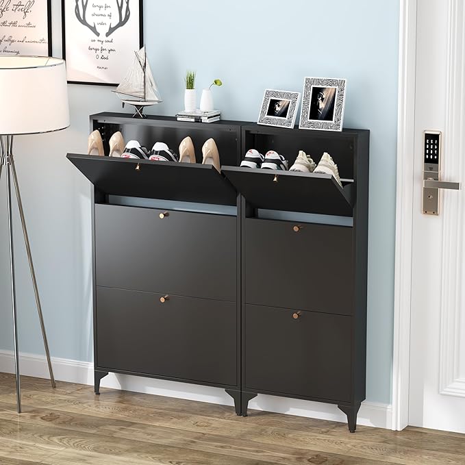 Shoe Cabinet with 3 Flip Drawers, 19" W Narrow Shoe Storage Cabinet, Farmhouse Shoe Organizer, Freestanding Organizer with Metal Legs for Entryway, Foyer (Narrow 3-Door, Black)
