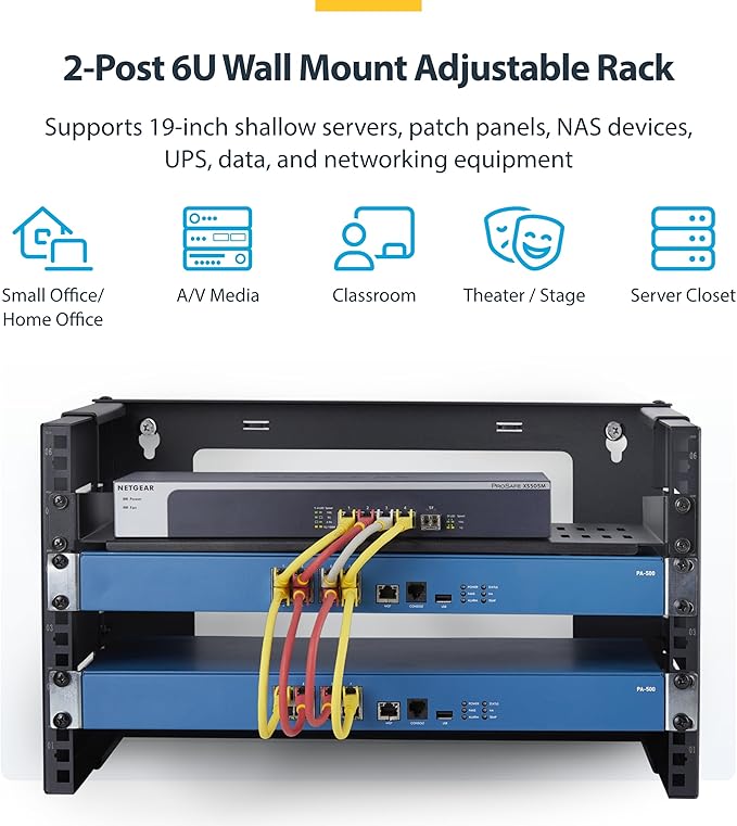 StarTech.com 2-Post 6U Wall Mounted Rack, Adjustable Depth up to 16in, for 19-inch Server/Data/Networking Equipment, Max 88lb