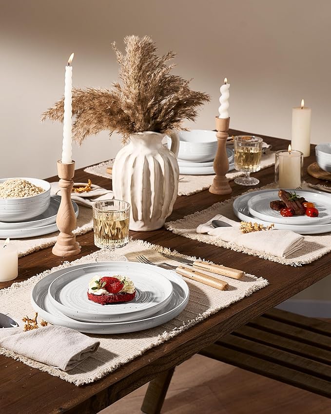 Stoneware Dinnerware Sets, Plate and Bowl Sets for 8, 24 Pieces Spiral Flared Dishware Set with Speckles & Reactive Glaze - Microwave and Dishwasher Safe Tableware, White