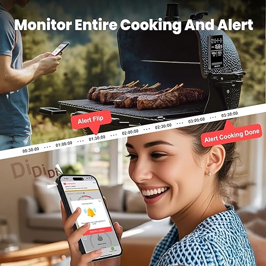 WiFi Sub-1G Smart Meat Thermometer Unlimited Range, 7 NIST-Cert.Sensors Magnetic Large-Display Smart Base, IP68 Wireless BBQ Grill &Smoker Thermometer, App&Standalone Monitoring(1,Black,Small)