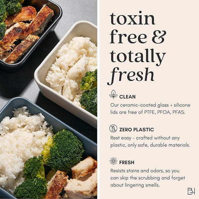 Ceramic Coated Glass Food Storage Container | No PTFE, PFOA, PFAS, and BPA | Reusable Non Toxic Meal Prep Container with Glass Lid | Easy To Store | 6 Piece Food Prep [Pine]