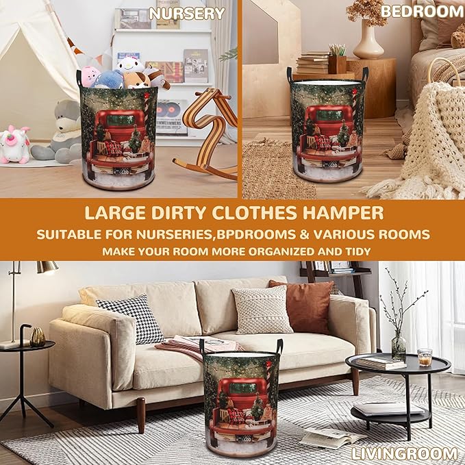 Christmas Red Truck Laundry Basket,snowflakes Forest Foldable Laundry Hamper Waterproof Oxford Cloth Tote Bag,Clothes Storage Bucket Decorative Toy Organizer For Bathroom Bedroom 16" x 20"