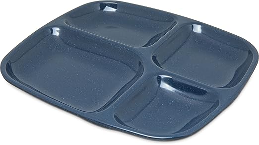 Carlisle FoodService Products Essential Plastic Meal Tray with 4-Compartments for Schools, Cafeterias, and Dining Halls, Melamine, 10.5 x 9.5 Inches, Café Blue